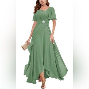 Ankle-Length Chiffon Ruched Beaded A-Line Formal Wedding Guest Dress